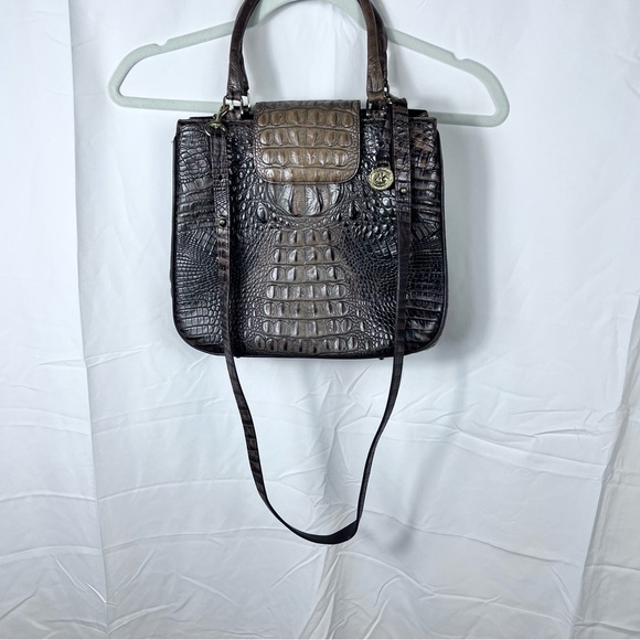 Luxurious Brahmin Brown Crocodile-Embossed Shoulder Bag long strap two handles - Picture 2 of 15